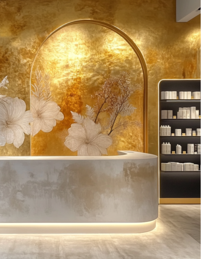 Mural golden leaf wall in spa salon