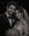 Diamante-encrusted portrait of a couple on a starry night background
